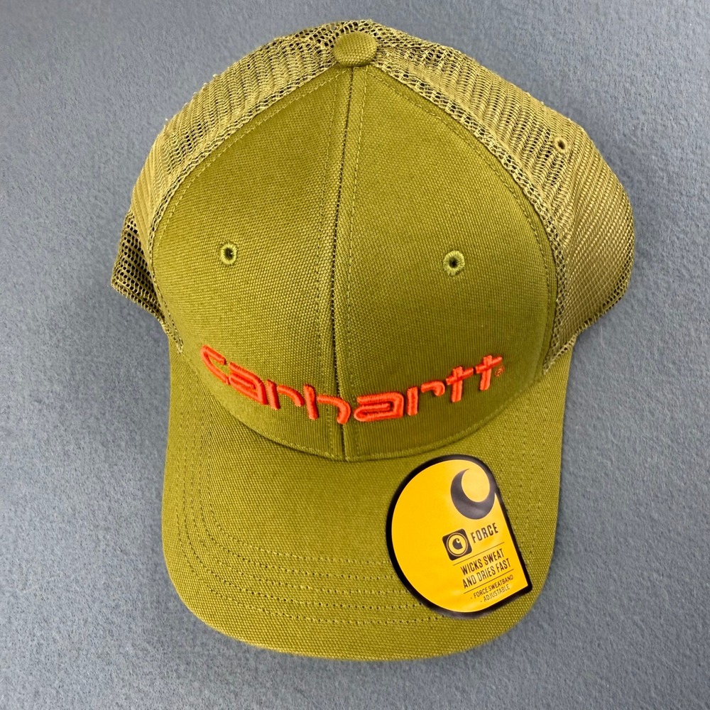 Carhartt Trucker Hat Force Flex Mens Olive Green Canvas Mesh Back Logo AH1195-M - Picture 6 of 6